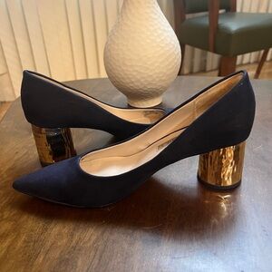 Zara Navy Blue Suede Gold Block Heel Pumps Sz 9